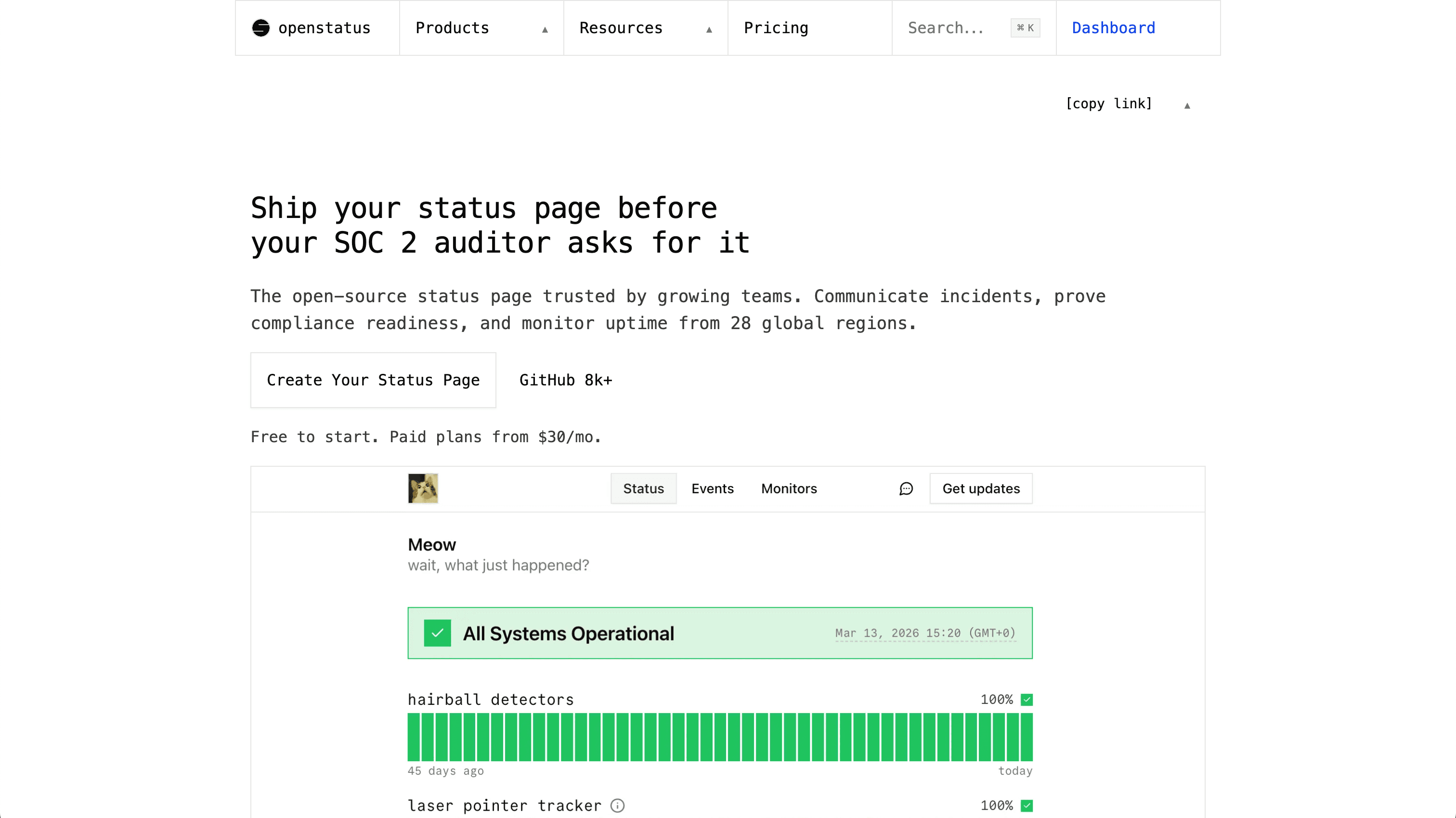 After — the redesigned openstatus landing page