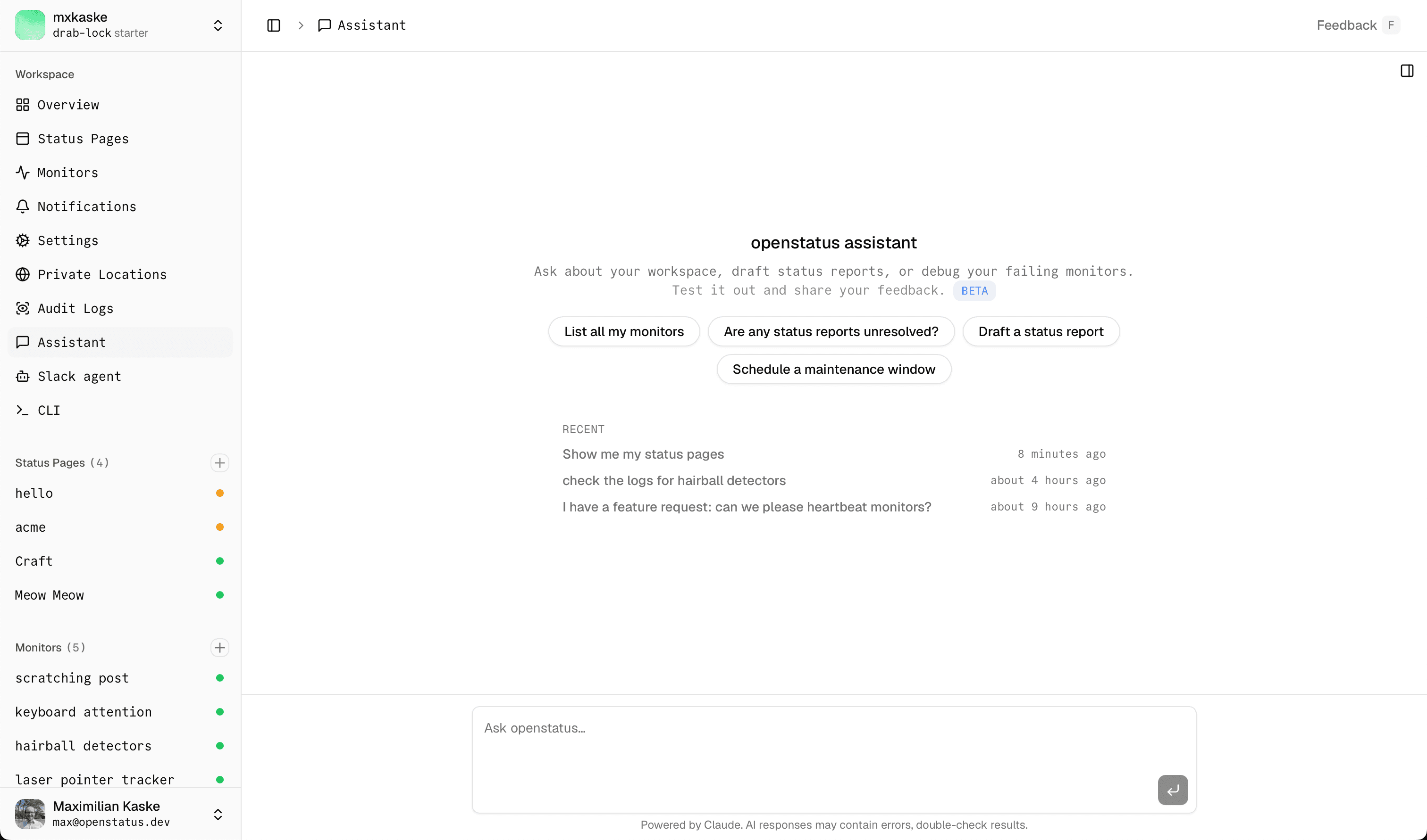 openstatus assistant at /chat showing a conversation with tool calls