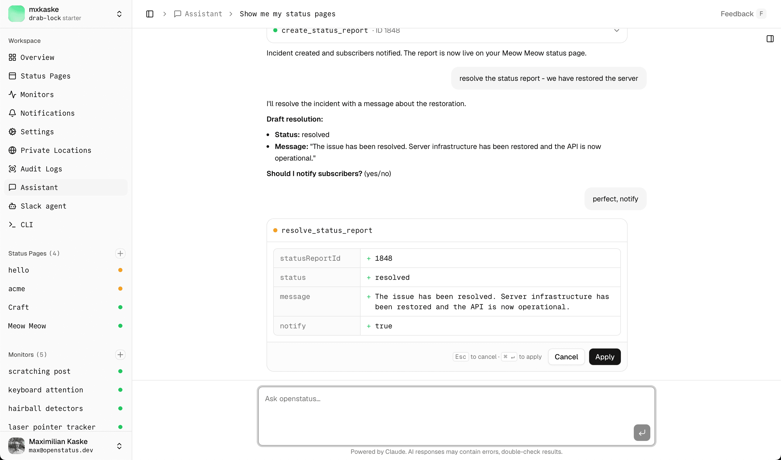 Approval card for create_status_report with a diff of fields and ⌘↵ / Esc keyboard hints