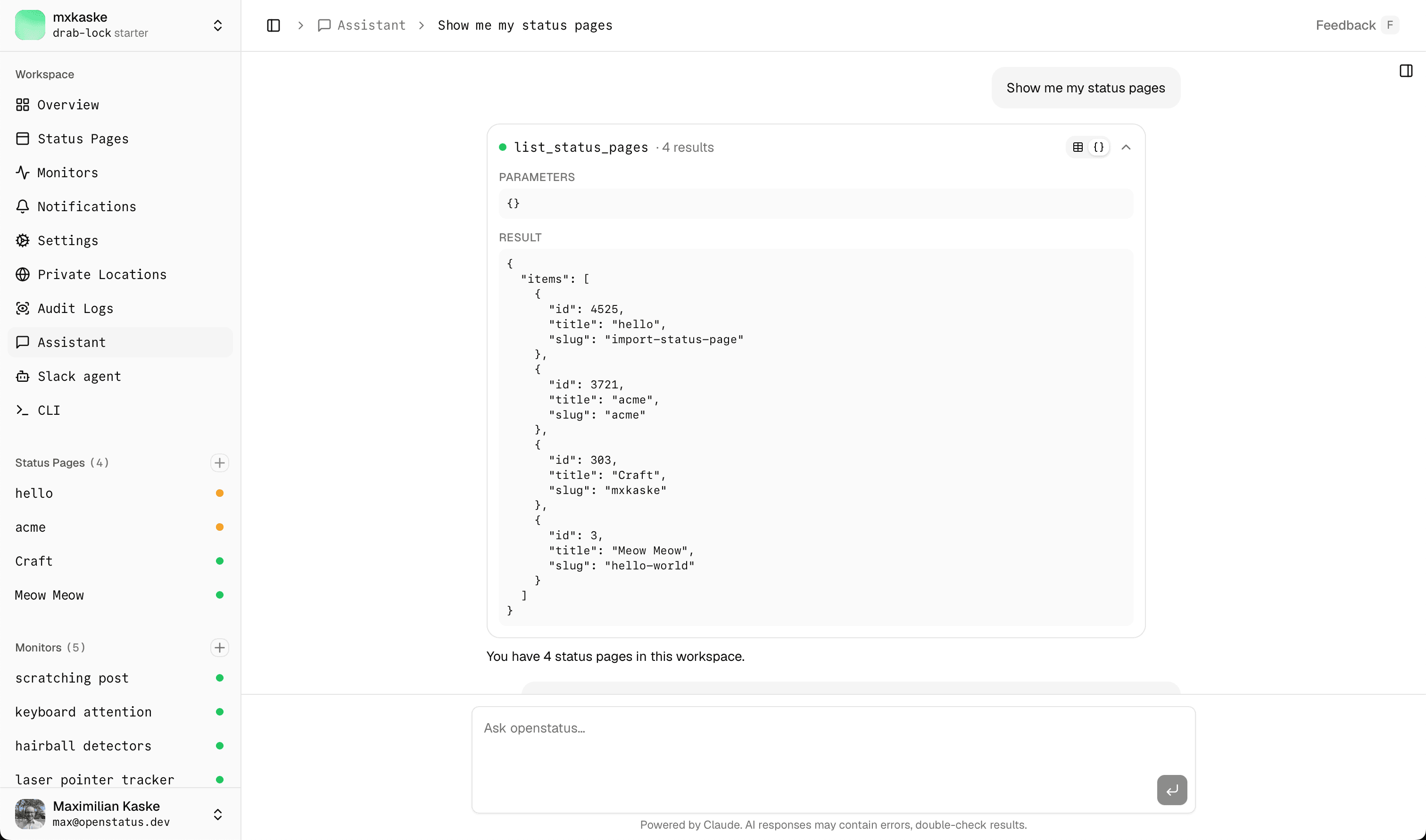 Same list_monitors card in Raw view, showing JSON Parameters and Result blocks