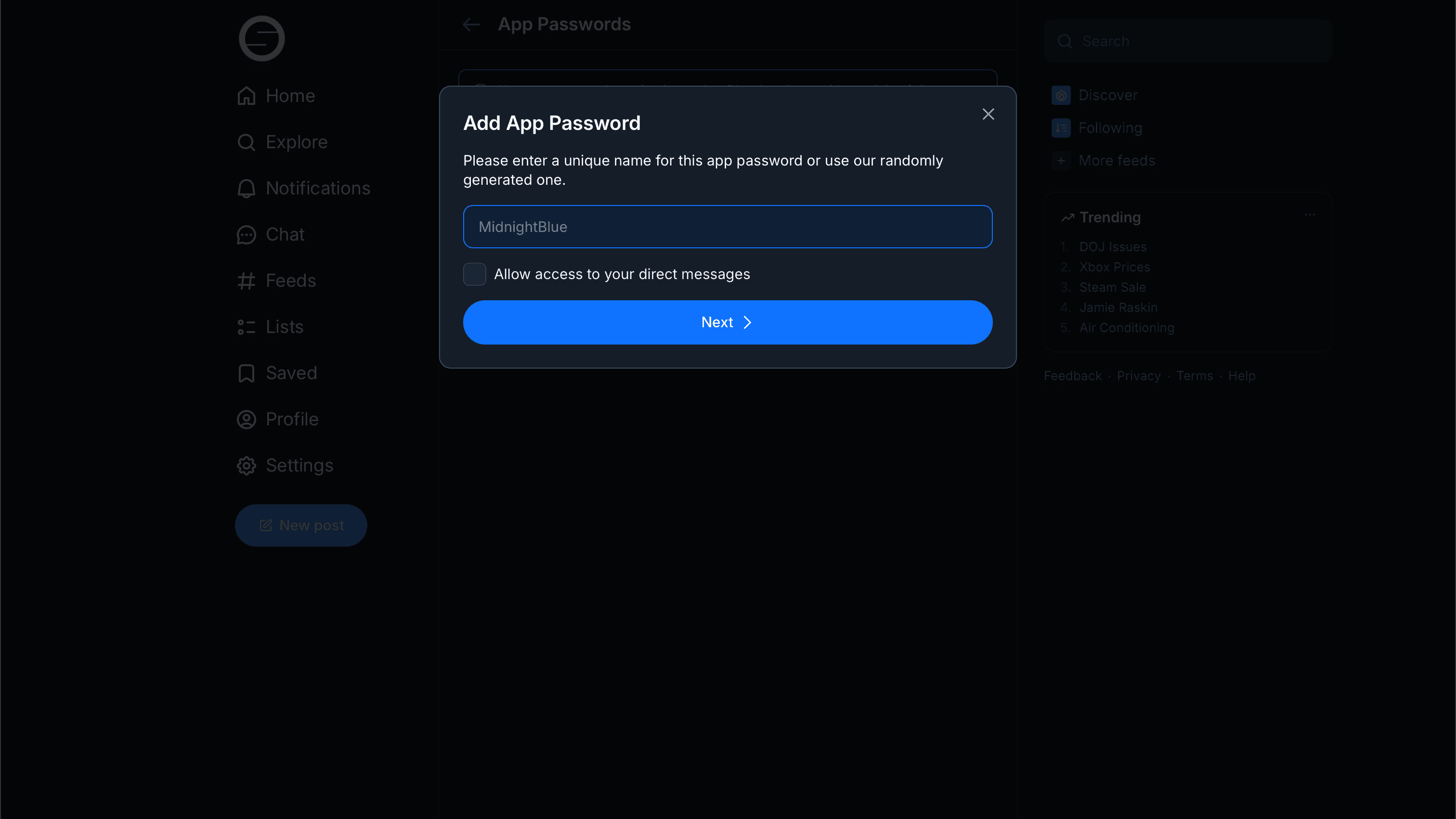 Naming a new Bluesky App Password