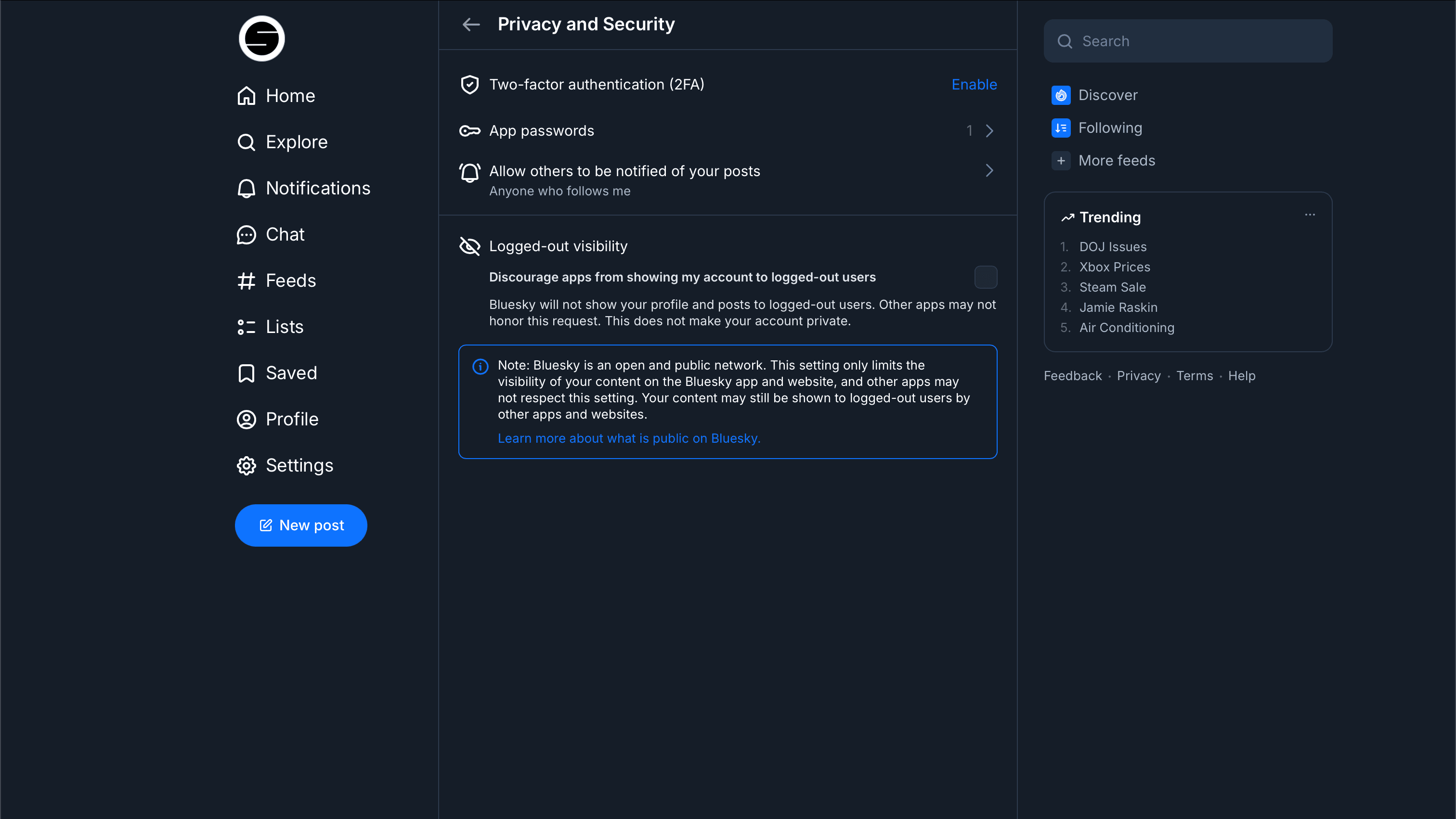 Bluesky Privacy and Security settings