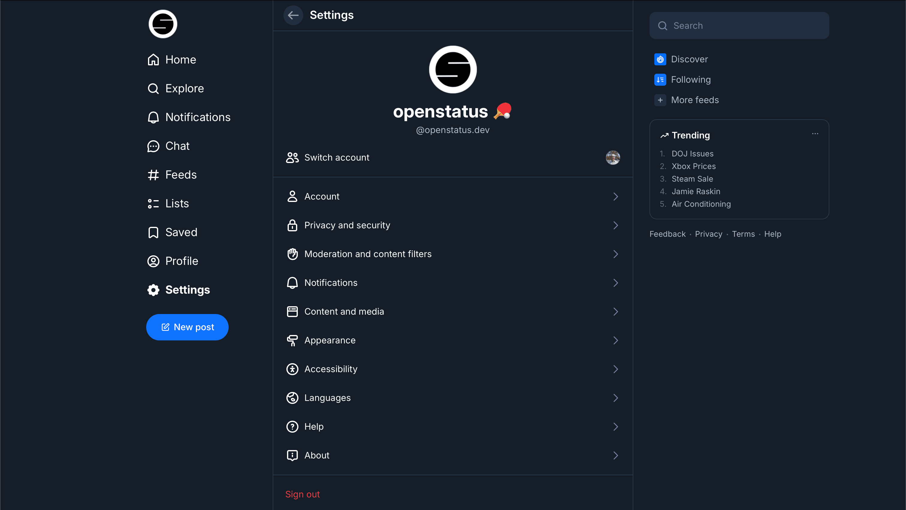 Bluesky settings menu