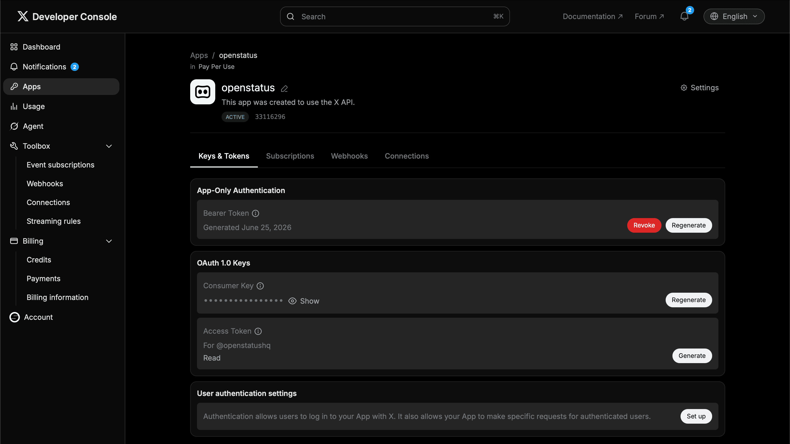 X app keys and tokens with OAuth 1.0a access token