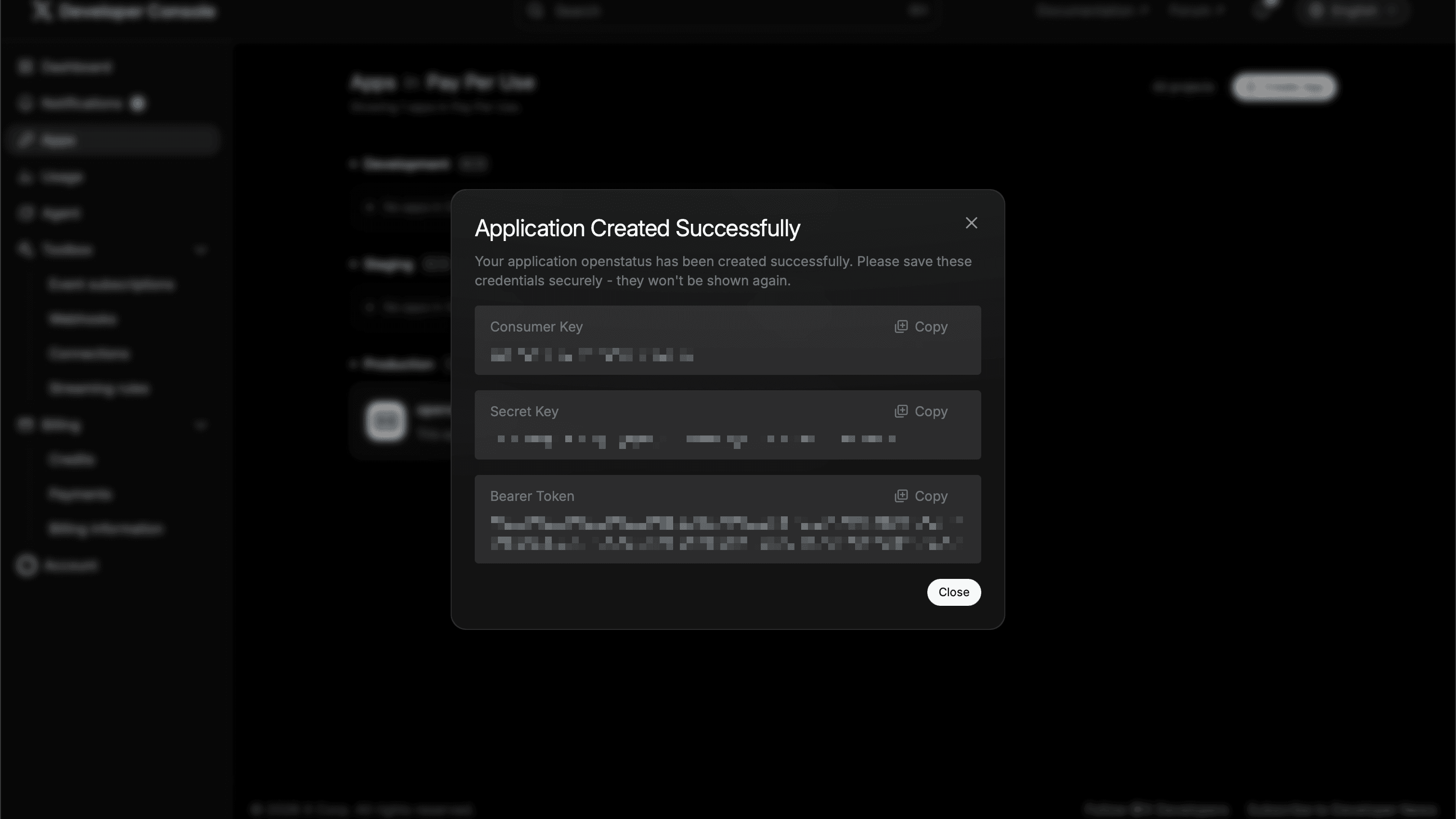 X application created with consumer and secret keys