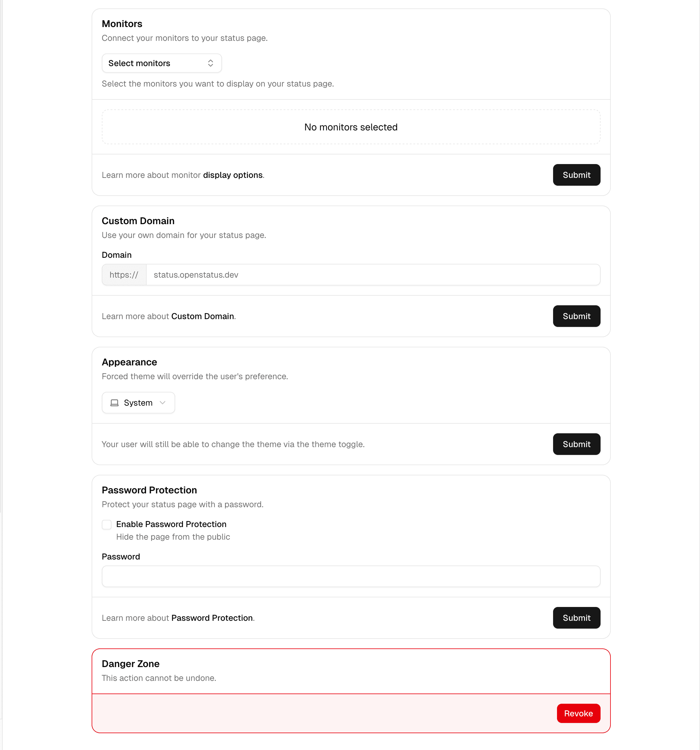 Status page configuration form showing title, slug, and monitor selection
